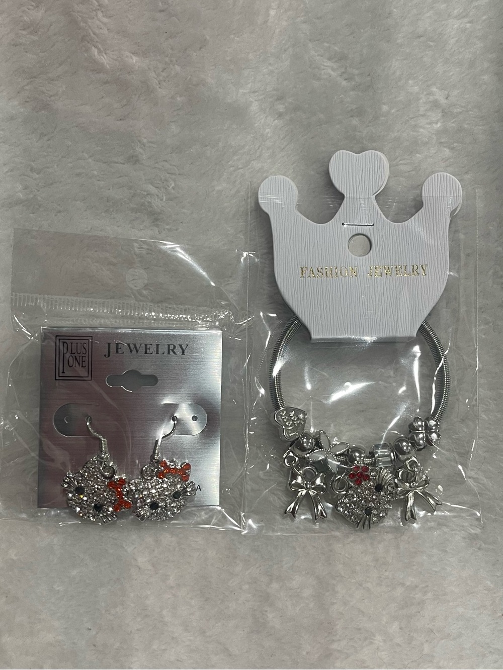 Hello Kitty Silver Charm Bracelet and Earrings Set with Red Accents